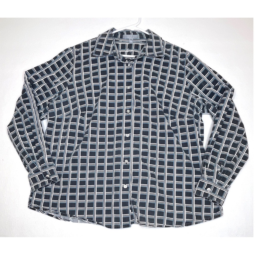 Foxcroft Womens Shirt Wrinkle Free Geometric Grid 14W Navy Blue